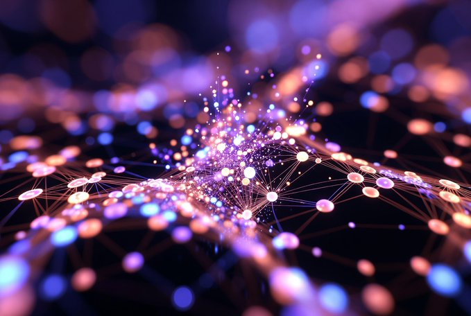 The image features a fascinating display of colorful, scattered lights arranged in various geometric shapes such as circles and lines. The predominant color scheme is purple and pink, with tiny dots appearing throughout the scene. There are numerous small lights, possibly representing data or particles, spread across the image, creating a visually intriguing and dynamic composition that evokes an abstract painting style. The surrounding text indicates that this artwork might be related to the Quip Network community, as suggested by the phrases "gm @quip network is growing fast thanks to its active community" and "focus on what is in the image and how it relates to the post."
