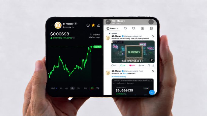 A pair of hands holds a foldable smartphone displaying a trading app on the left showing a price of $0.006698 with a green chart, and a social media feed on the right with posts about "$B-Money".