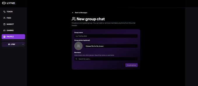 A dark-themed web interface for 'LYNK' showing a 'New group chat' creation form with options for group name ('e.g. Trading desk'), group photo, and member selection.