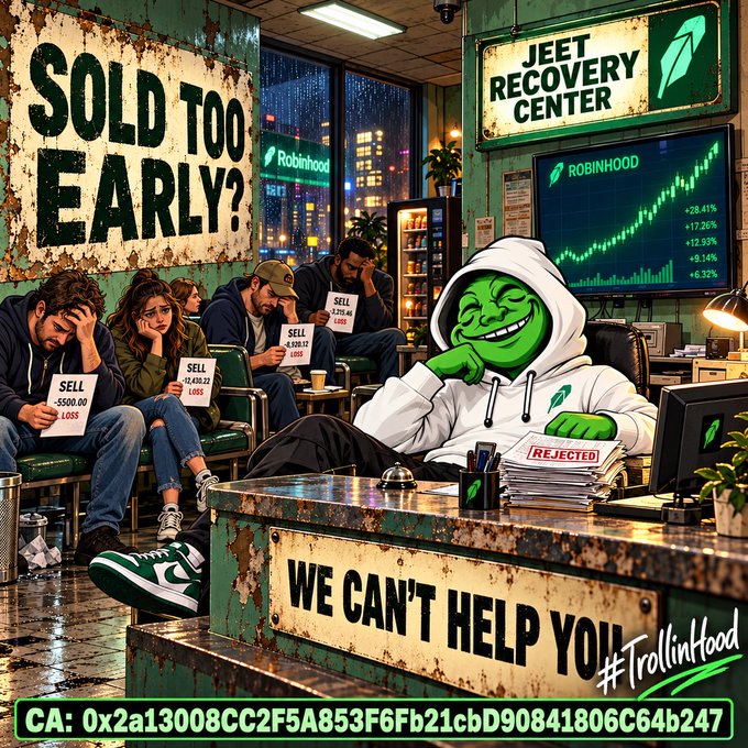A satirical illustration of a Robinhood 'Recovery Center' where a smug green troll-like character sits behind a counter labeled 'WE CAN'T HELP YOU', while distressed investors holding 'SELL' papers with losses sit against a wall under a 'SOLD TOO EARLY?' sign, also showing a cryptocurrency contract address.