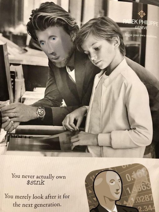 A Patek Philippe Geneve advertisement showing a man and child, edited to read 'You never actually own $stink. You merely look after it for the next generation,' with Wojak meme faces overlaid.