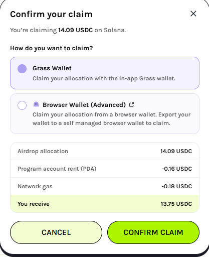 A 'Confirm your claim' modal for claiming 14.09 USDC on Solana via Grass Wallet or Browser Wallet, showing deductions for program account rent (0.16 USDC) and network gas (0.18 USDC), with 13.75 USDC to receive.