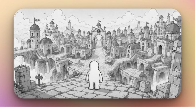 A black-and-white illustration of a small white character standing on a stone path overlooking a fantasy medieval city with domes, towers, and bridges.