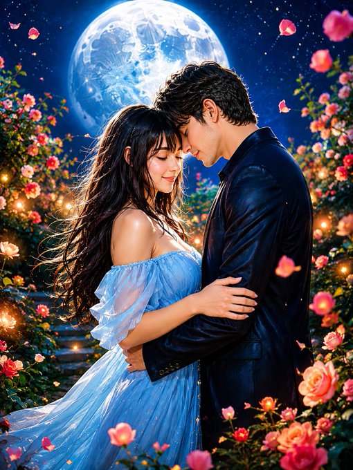 A couple embraces romantically under a luminous full moon, surrounded by a lush garden of glowing pink roses and rose petals floating through the night air. The dreamy, ethereal scene evokes the tender intimacy of the post, with the moonlight serving as a quiet, powerful guardian—mirroring how post-quantum security from @quipnetwork silently protects what matters most in the background.