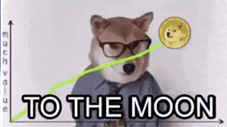 A meme image of a dog wearing glasses and a tie with an upward-trending green chart line and a moon labeled 'Dogecoin,' accompanied by the text 'TO THE MOON'.