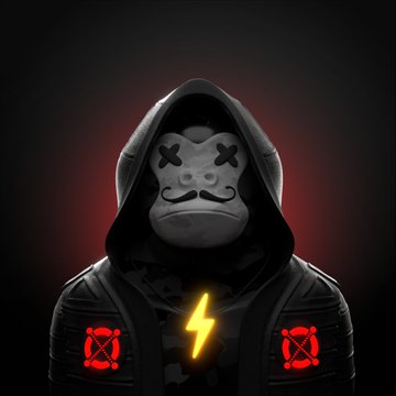 A hooded figure wearing a white mask with X-shaped eyes and a mustache, with a glowing yellow lightning bolt emblem on their chest.