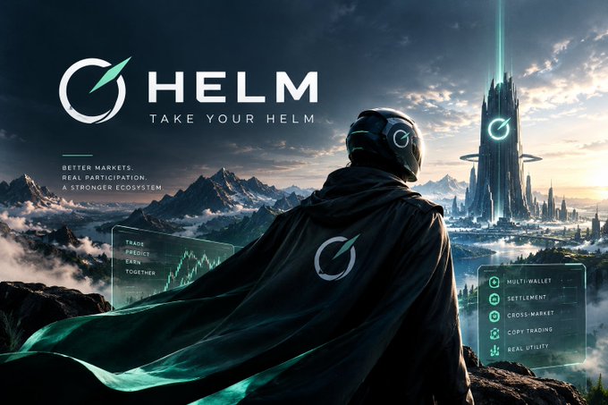 Promotional graphic for 'HELM - TAKE YOUR HELM', featuring a hooded figure overlooking a futuristic cityscape with text highlighting features like Trade, Predict, Earn, and Together.
