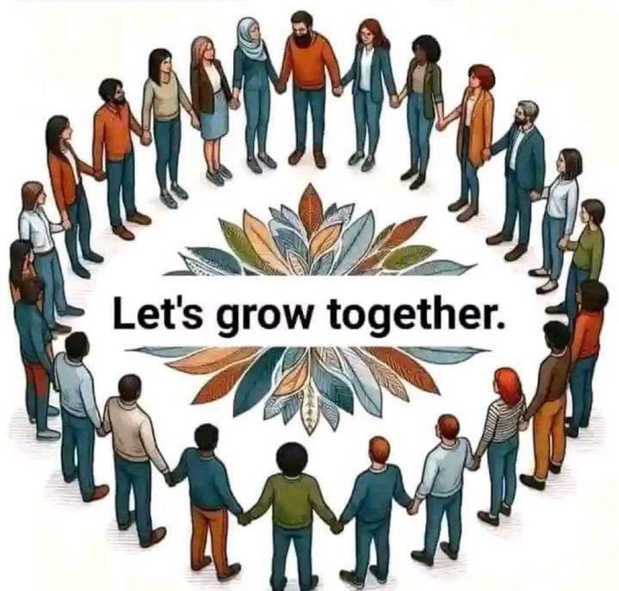 An illustrated circle of diverse people holding hands surrounds a decorative leaf motif with the text "Let's grow together." displayed in the center, visually reinforcing the post's message of community engagement and collective growth around the $RIVER token promoted by @River4fun.