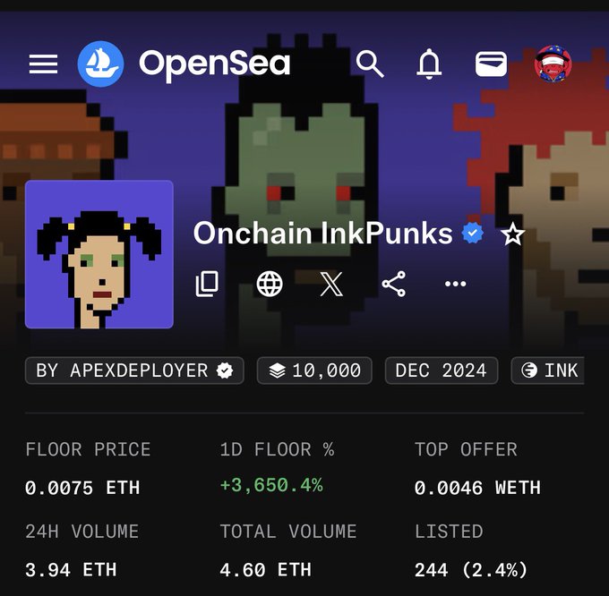 An OpenSea NFT collection page for 'Onchain InkPunks' by ApexDeployer showing 10,000 items on the INK blockchain with a floor price of 0.0075 ETH and a +3,650.4% 1D floor increase.