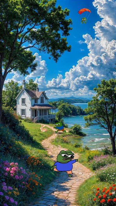 A cartoon Pepe the Frog character strolls down a vibrant coastal path toward a charming white seaside cottage, with another Pepe flying a kite overhead and a third relaxing by the shore, all set against a breathtaking ocean view. The cheerful, peaceful scene perfectly complements the "GM CT, have a fantastic day!" greeting, evoking a sunny, joyful start to the day.