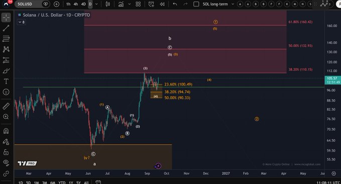 A TradingView daily chart of Solana (SOL/USD) displays Elliott Wave analysis with Fibonacci retracement levels, highlighting potential upside targets at $100.49, $94.74, and $90.13, supporting the post's speculation that SOL may be heading toward $133.