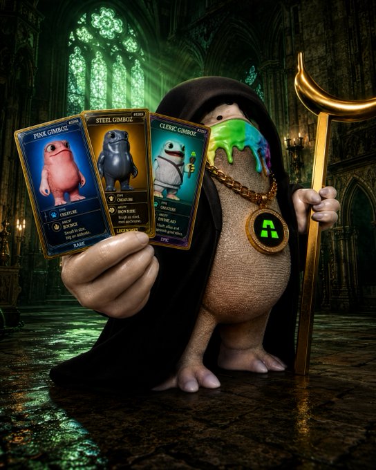 A surreal image of a gecko-like creature in a hooded robe holding three NFT cards labeled 'PINK GIMBOZ', 'STEEL GIMBOZ', and 'CLERIC GIMBOZ', standing in a gothic cathedral.