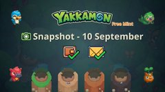A pixel art screenshot titled 'YARRAMON - Free Mint' shows 'Snapshot - 10 September' with checkmarks next to icons, featuring small character sprites along the bottom.