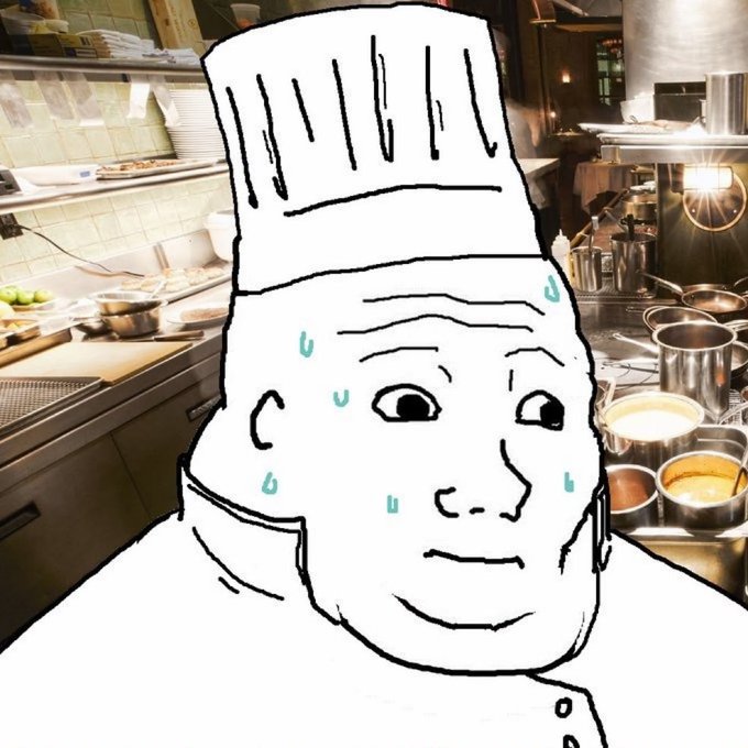 A black-and-white illustration of a sweating chef in a tall toque is overlaid onto a photo of a busy professional kitchen filled with pots, pans, and prep stations. The image reinforces the post's theme of "WHAT'S COOKING IN THE TRENCHES?" by capturing the high-pressure, chaotic environment behind the scenes of restaurant work.