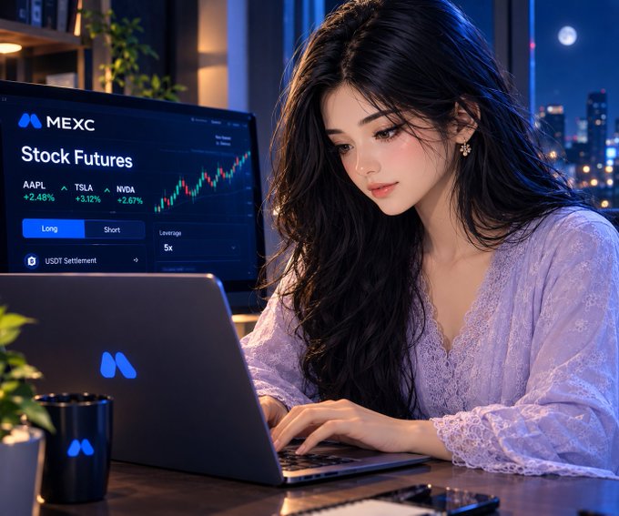A stylized illustration of a woman in a purple lace top working on a laptop branded with the MEXC logo, with a monitor in the background displaying 'Stock Futures' for AAPL, TSLA, and NVDA.