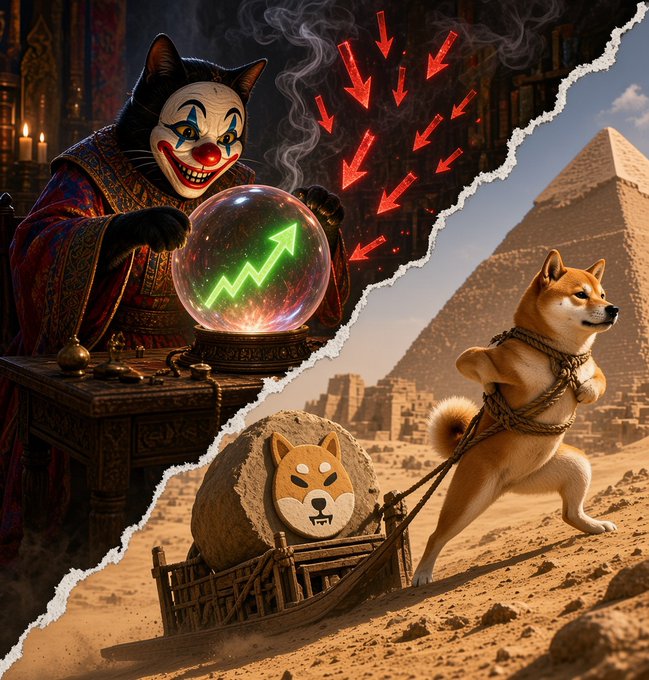 A split image showing a menacing clown in robes with a green upward-pointing arrow on the left, contrasted with a Shiba Inu dog pulling a sled carrying a stone with another Shiba face on it in front of a pyramid on the right.