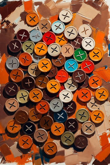 A painted pile of multicolored XRP coins scattered on an orange-toned surface. The artwork creatively reimagines the XRP cryptocurrency logo as physical tokens, fitting the prompt's theme of generative art.