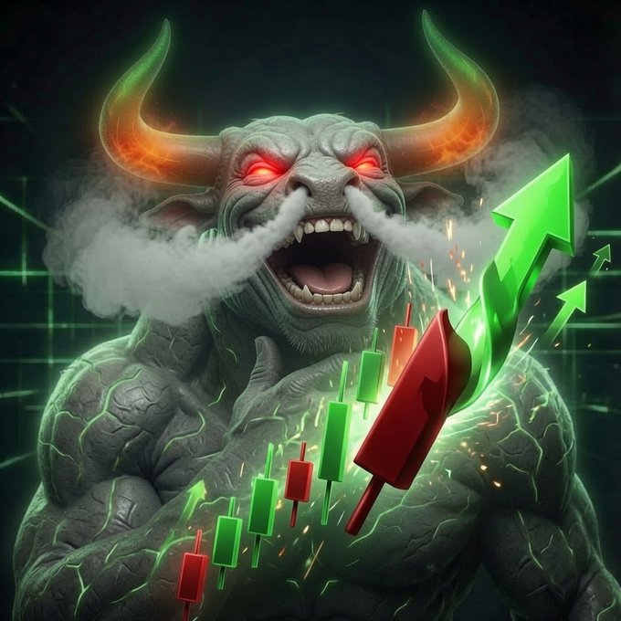 A fierce green bull demon with glowing red eyes and flaming horns roars aggressively, exhaling smoke while surrounded by bullish candlestick charts and a prominent green upward arrow signaling a rally. The imagery visually reinforces the post's message about "$LEVI" being a bullish "meta" with red candles turning green, symbolizing an imminent breakout.