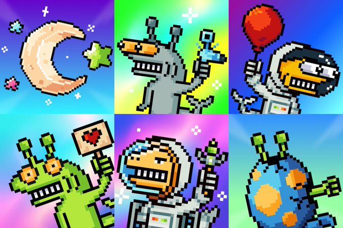 A collage of six pixel-art style cartoon characters featuring various creatures including astronauts, aliens, and a character holding a heart sign.