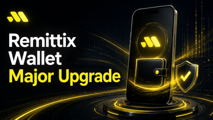 Promotional graphic featuring a sleek smartphone displaying a yellow logo with a glowing wallet and shield icon, alongside the text "Remittix Wallet Major Upgrade," visually announcing the company's upcoming overhaul of its non-custodial crypto wallet. The dark background with golden light effects reinforces the branding and emphasizes the security and premium nature of the upcoming update.