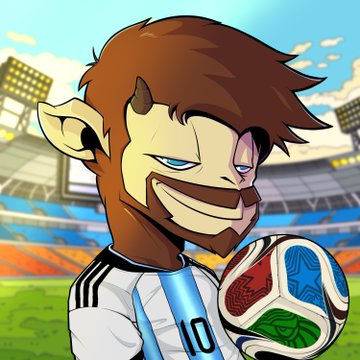 The image features a cartoon character, likely a monkey or a lion, wearing a soccer jersey with the number 10 on it. The character is holding a soccer ball in its right hand while standing next to an empty stadium. The caption of the image reads "Fingers crossed Tell me... who is your G.O.A.T!!! @GoatsOfSolana". This suggests that someone has created this cartoon character and is sharing their work on social media, possibly as a form of self-expression or for entertainment purposes.