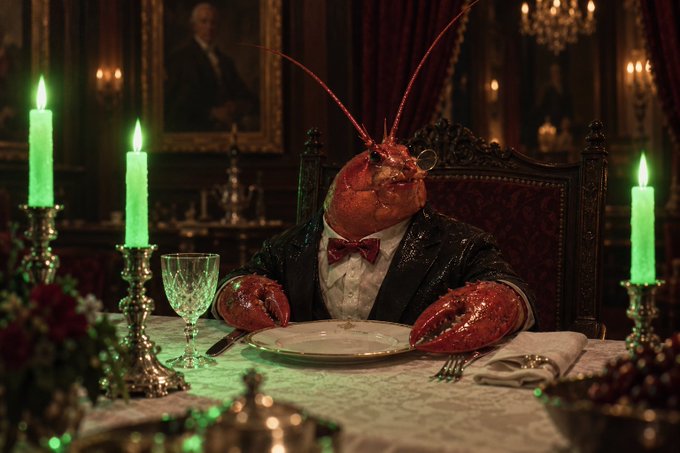 A red lobster in a tuxedo sits alone at a candlelit table with an empty plate, captioned "Been sitting here for two hours. Waiter has not looked at me once." The image humorously depicts the frustration of being overlooked, using the absurd sight of a formally dressed crustacean awaiting service to personify the experience of being ignored at a restaurant.