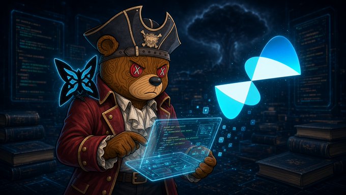 A digital illustration of an anthropomorphic bear pirate wearing a captain's hat and red coat, holding a holographic tablet displaying code, with butterflies and a glowing infinity symbol floating around.