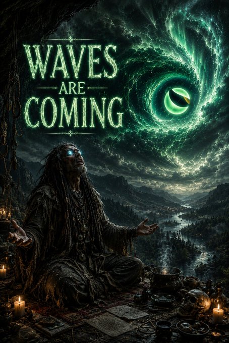 Dark fantasy artwork titled 'WAVES ARE COMING' showing a mystical figure with glowing blue eyes sitting in a cavern with candles, facing a massive swirling green storm with an eye in the sky over a river valley.