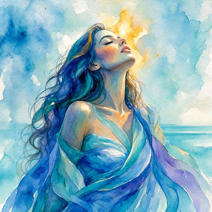 A serene watercolor portrait of a woman with flowing blue hair, eyes closed and face lifted toward golden sunlight, draped in turquoise fabric that blends with the ocean behind her—embodying the artwork's title, "The Birth of Light."