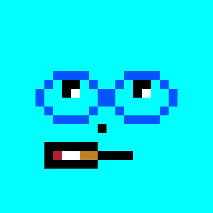 A pixel art character face on a teal background, featuring large blue glasses frames, simple eyes, and a small mouth with what appears to be a cigarette.