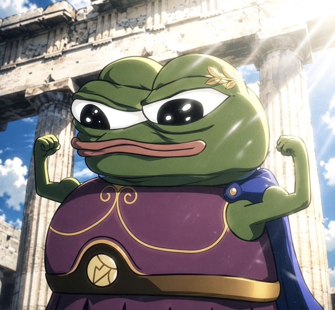A determined-looking Pepe the Frog flexes his muscles triumphantly in front of Greek-style columns, channeling "gm winners" energy with his heroic, victorious pose reminiscent of a champion about to claim victory.