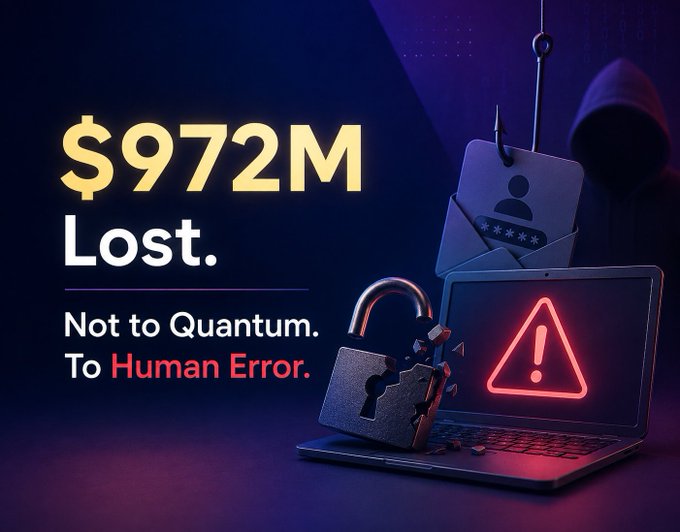 Promotional graphic stating '$972M Lost. Not to Quantum. To Human Error.' featuring imagery of a hooded figure, a broken padlock, and a laptop displaying a warning icon.