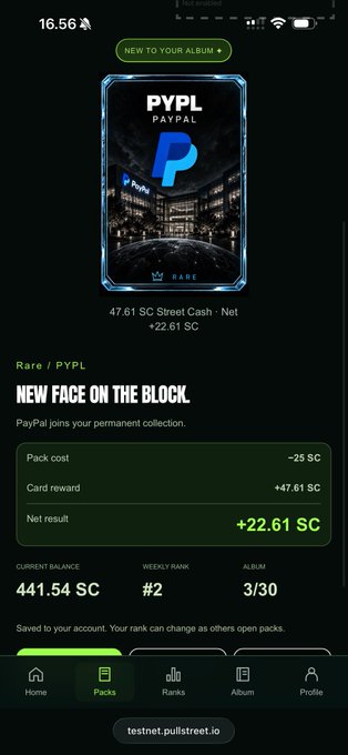 A mobile app screenshot from testnet.pulistreet.io showing a newly acquired 'PYPL PayPal' digital card and a current balance of 441.54 SC.