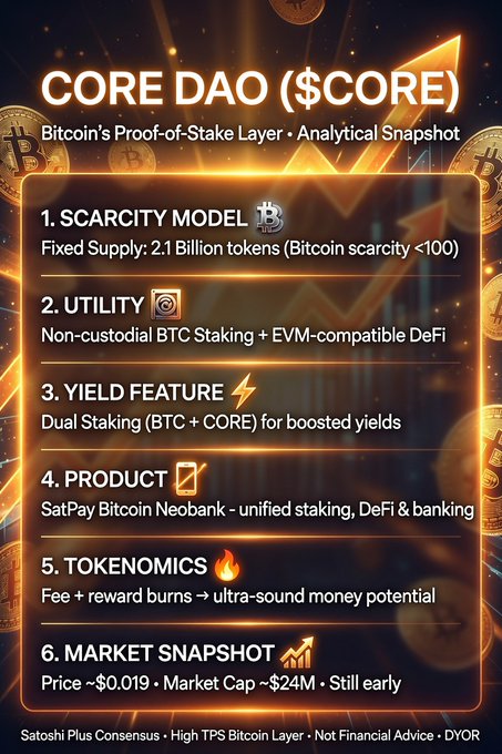 An infographic detailing CORE DAO ($CORE) as 'Bitcoin's Proof-of-Stake Layer,' listing features like scarcity model, utility, yield feature, product (SatPay Bitcoin Neobank), tokenomics, and current market snapshot with a price of ~$0.019.