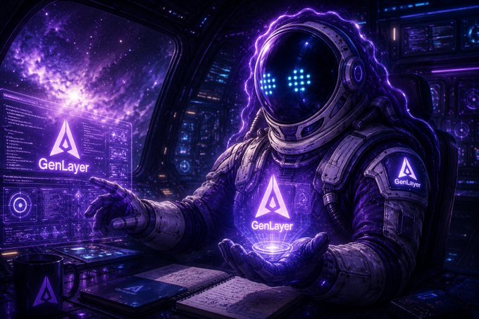 An astronaut in a futuristic control room with cosmic views interacts with a glowing holographic "GenLayer" logo, while a transparent "GenLayer" interface hovers nearby—symbolizing GenLayer's AI-powered revival of the InfoFi sector after Twitter's API restrictions disrupted projects like KaitoAI.
