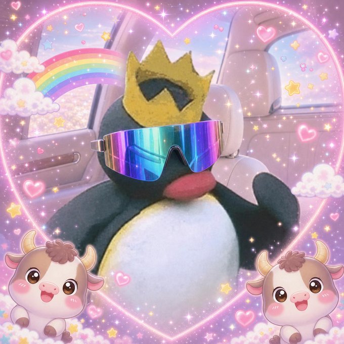 A cute plush penguin wearing a gold crown and iridescent ski goggles, framed by a pink neon heart with rainbow, clouds, and stars, flanked by two cartoon cows at the bottom.