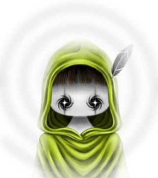A digital artwork depicts a hooded figure in a green cloak with large anime-style eyes and a feather tucked behind the ear, set against a swirling white background. The illustration appears to represent the "hoodie" NFT collectible mentioned in the post, which is being sold for 0.55 ETH alongside a "candle" NFT priced at 0.52 ETH.