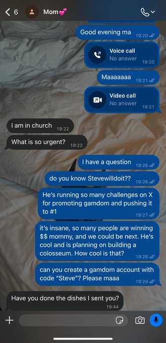 A screenshot of a Telegram chat with "Mom💕" showing the user's attempt to get her to sign up for Gamdom using code "Steve," which she ignores in favor of asking about dishes.