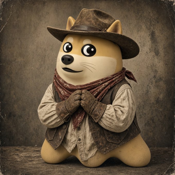 A stylized 3D-rendered character resembling a tan Shiba Inu dog wearing a brown cowboy hat, red paisley bandana, leather gloves, and a dusty vest, posed with hands clasped together against a textured brown background.