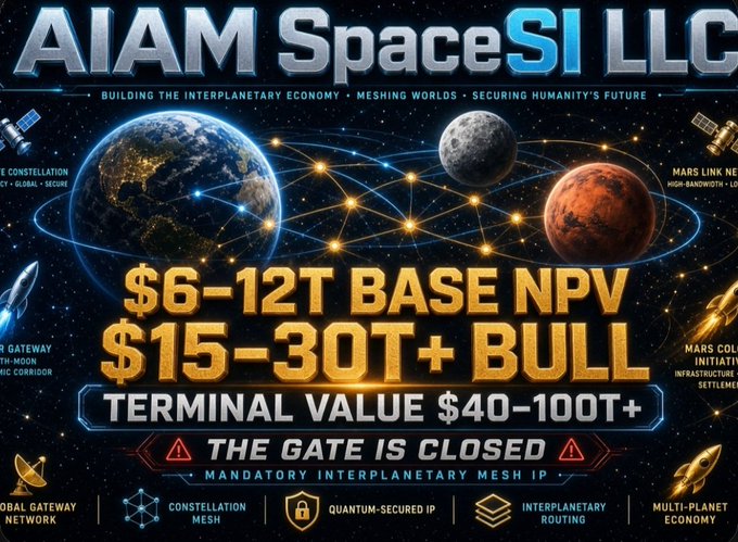 A promotional graphic for 'AIAM SpaceSI LLC' displaying financial figures like '$6-12T BASE NPV' and '$15-30T+ BULL' against a backdrop of Earth, the Moon, and Mars.