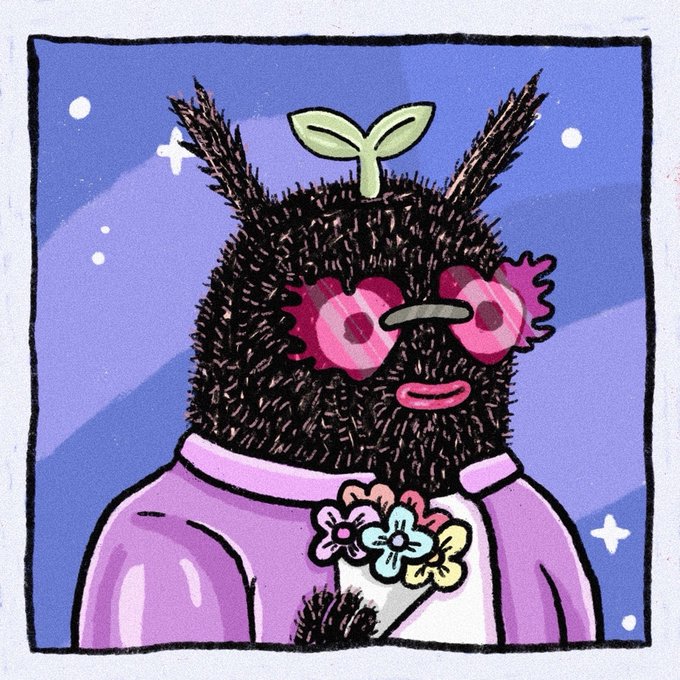 An illustrated cartoon character - a fuzzy dark creature with horns, heart-shaped pink sunglasses, a sprout on its head, and a purple shirt, set against a starry night sky background.