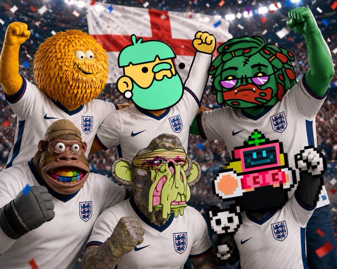 Six characters from popular NFT collections—D3l Mundo, Chimpers, Doodles, Bored Ape Yacht Club, and Deadfellaz—wear England national team jerseys with raised fists, cheering in a stadium filled with confetti and a St. George's Cross flag, representing the social media post's hope that the 2026 FIFA World Cup will bring another victory for England like 1966.