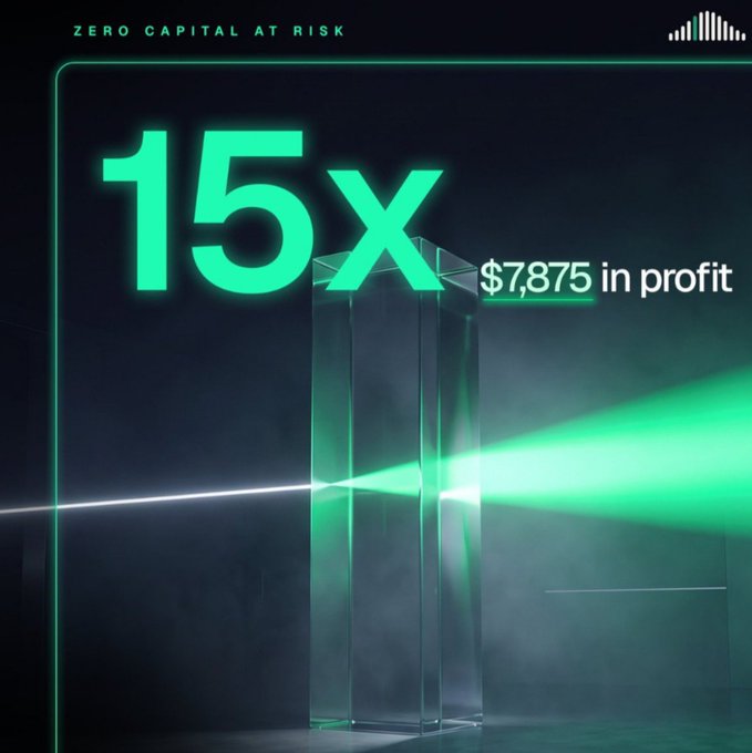 A dark promotional graphic displaying '15x' leverage with '$7,875 in profit' and 'ZERO CAPITAL AT RISK' at the top, featuring glowing green light effects.