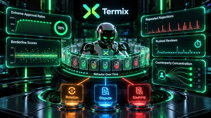 A futuristic dashboard called "Termix" features a central robot surrounded by glowing green panels displaying data like "Extreme Approval Rates" (98%) and options for "Rotation," "Dispute," and "Slashing."