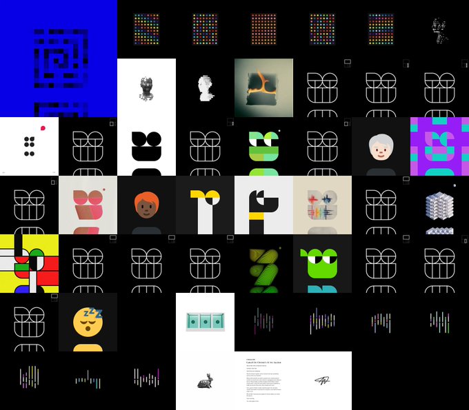A grid of various digital design assets including pixel art characters, geometric shapes, a QR code, abstract patterns, and stylized letters on a black background.
