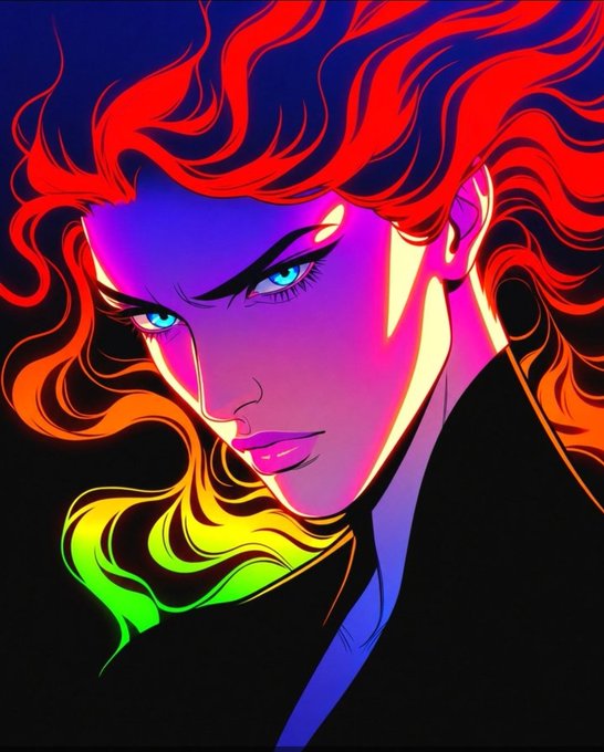 A stylized, vibrant illustration of a woman with flowing hair that transitions through a spectrum of neon colors including red, orange, yellow, green, blue, and purple against a dark background.