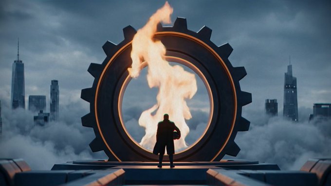 Cinematic scene of a silhouetted figure standing on a rooftop facing a giant flaming portal framed by a massive gear, with a city skyline in the background.