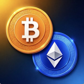 A digital illustration featuring a golden Bitcoin coin and a blue Ethereum coin against a dark background.