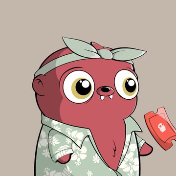 A cartoon illustration of a red, one-eyed creature wearing a green floral shirt and bandana, holding a red object.