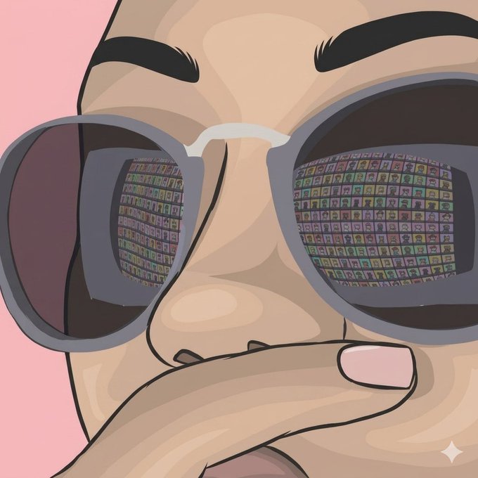 The image features a close-up of a woman's face wearing sunglasses with a unique design. The sunglasses are adorned with an array of colorful images that appear to be digital art pieces rather than typical lenses. This artistic touch adds a creative flair to her appearance, making her stand out from the crowd. The woman is also holding her hand up to her mouth in a "shush" gesture, which further emphasizes her unique style and individuality.

The post suggests that being a Doginal Dog has had a significant impact on the woman's relationship with herself and the world around her. It seems that she has found a community of like-minded individuals who share her passion for digital art and creative expression. This connection allows her to explore new ideas, perspectives, and artistic styles while fostering a sense of belonging and camaraderie among fellow Doginal Dogs.

In summary, the image showcases how embracing one's unique interests and talents can lead to personal growth, self-discovery, and the formation of meaningful connections with others who share similar passions or values.